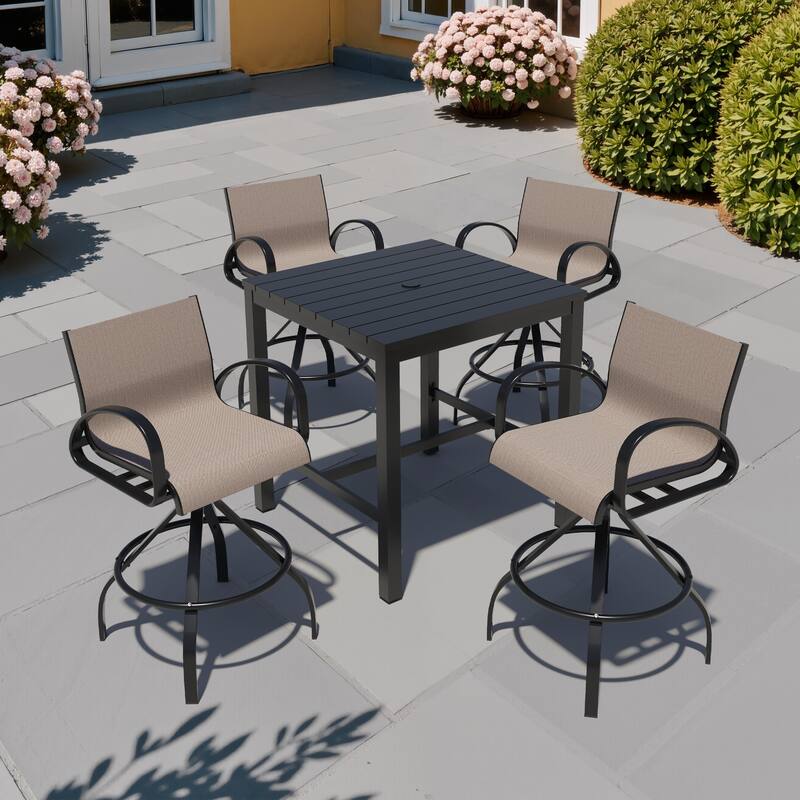 3/5-Piece Aluminum Sunbrella Textilene Fabric Swivel Bar Stools and Table Set - Augustine Ashe - Set of 5