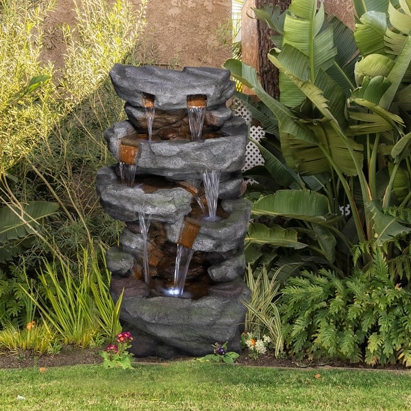 slide 2 of 9, Alpine Corporation 39" Tall Outdoor Cascading Stone Water Fountain with LED Lights