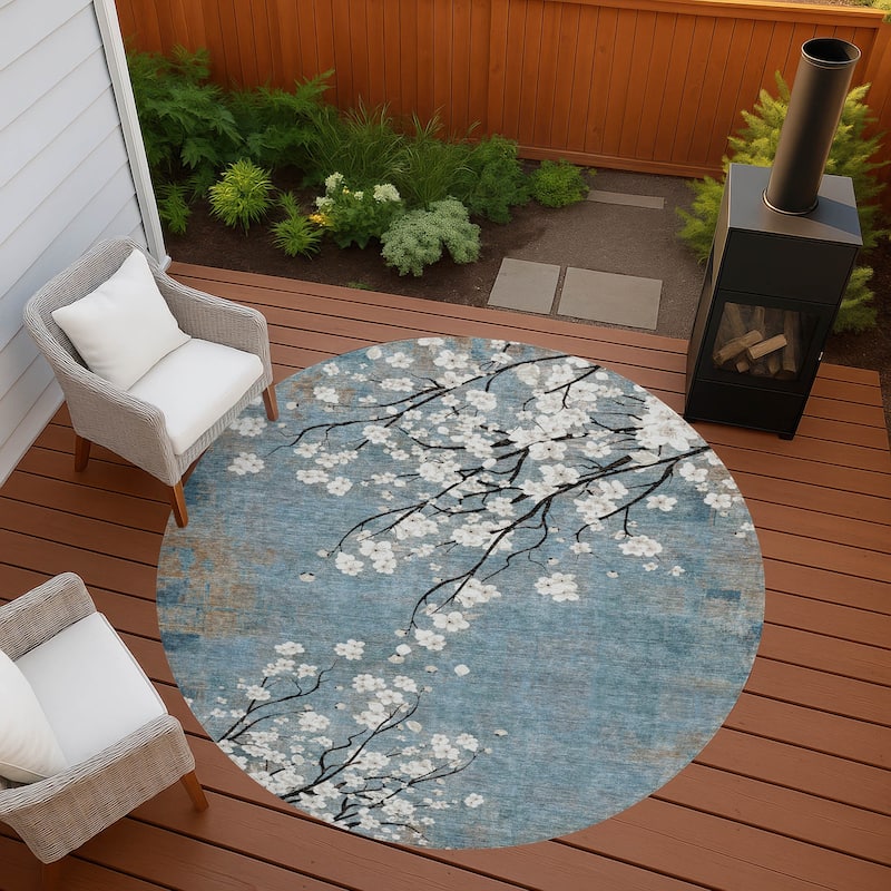 Machine Washable Indoor/ Outdoor Modern Floral Chantille Rug - Denim - 8' x 8'