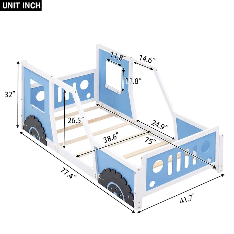 Blue Twin Size Pine Wood Car-Shaped Platform Bed with Doors, Windows, and Decorative Wheels