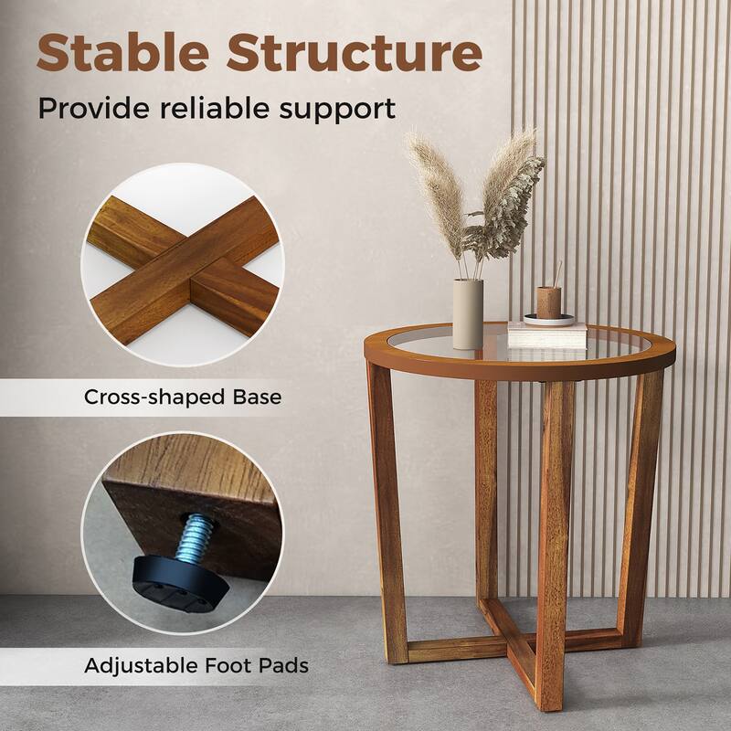 Gymax Modern Round End Table w/ Transparent Tempered Glass Top Solid