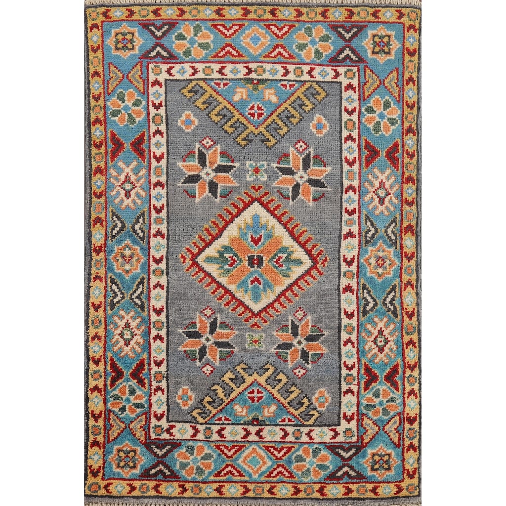 Gray Kazak Accent Rug Handmade Wool Carpet - 1'10" x 2'9"