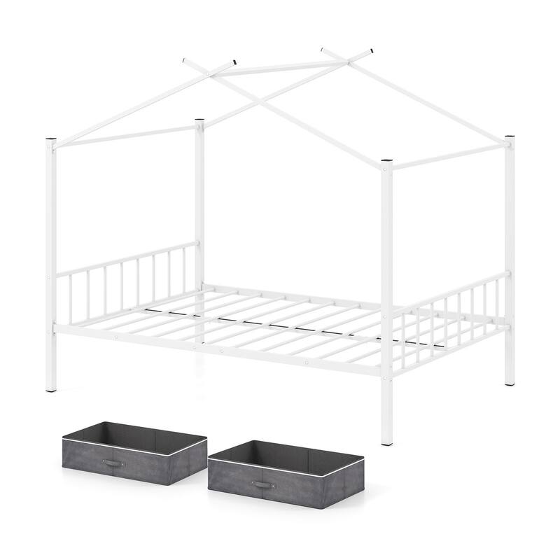 Full Size Metal House Bed Frame with Storage Drawers and Slats Support for Kids and Teens Room