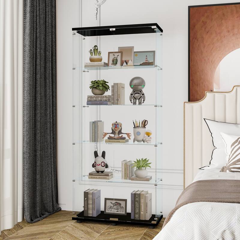 Glass Display Cabinet with 5-Shelves & 2 Doors, Floor Standing Curio Bookshelf, for Living Room Bedroom Study or Collection Room