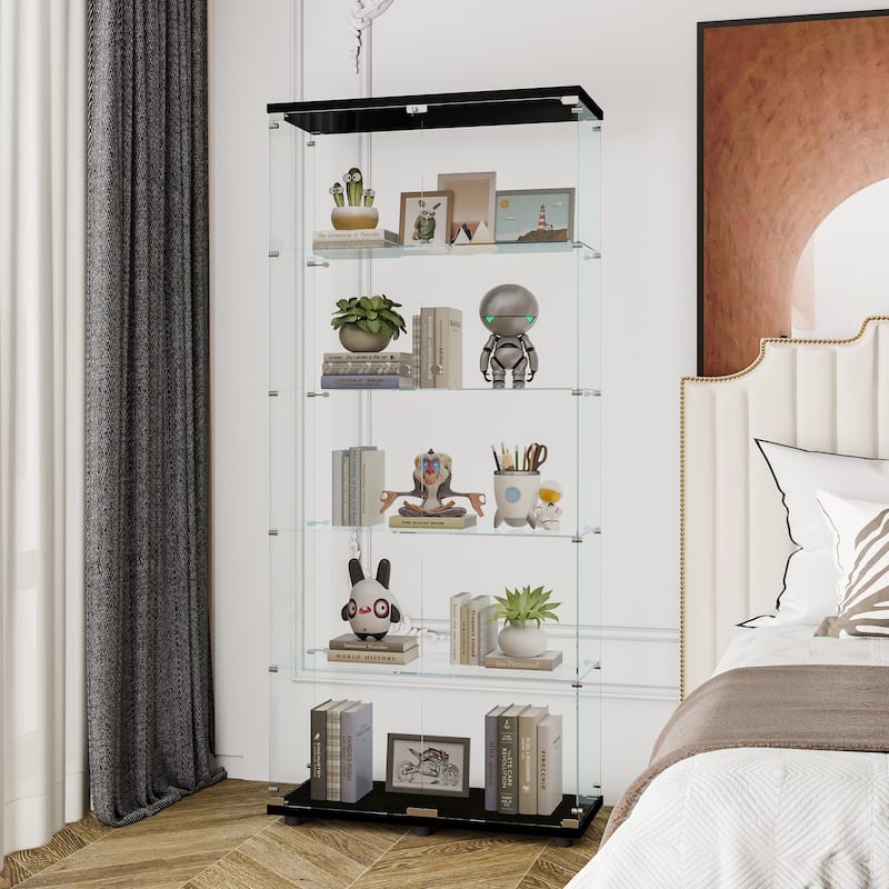 Glass Display Cabinet with 5 Shelves Double Door Tempered Glass Curio Cabinets, Floor Standing Bookshelf for Living Room Bedroom