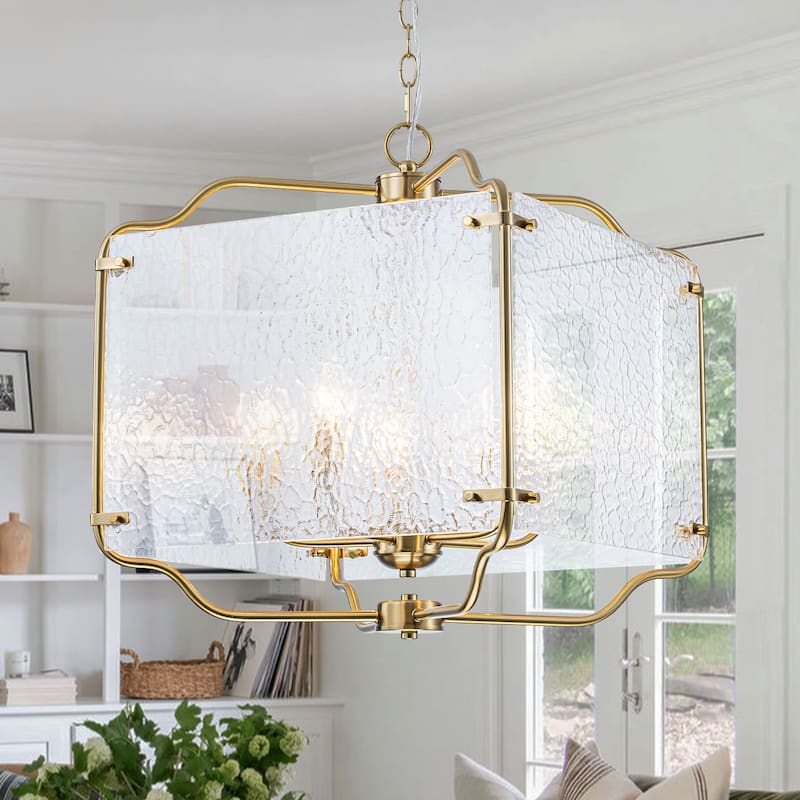 5-Light Gold Square Chandelier with Clear Textured Glass Ceiling Fixture - Dia.19.69-in - Dia.19.69-in