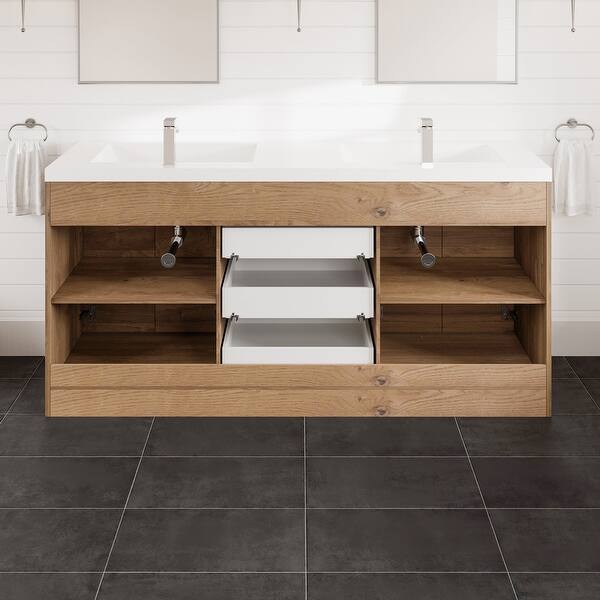 Eviva Lugano 72 in. W x 20 in. D Natural Oak Double Sink Bathroom Vanity with White Acrylic Integrated Top Sink