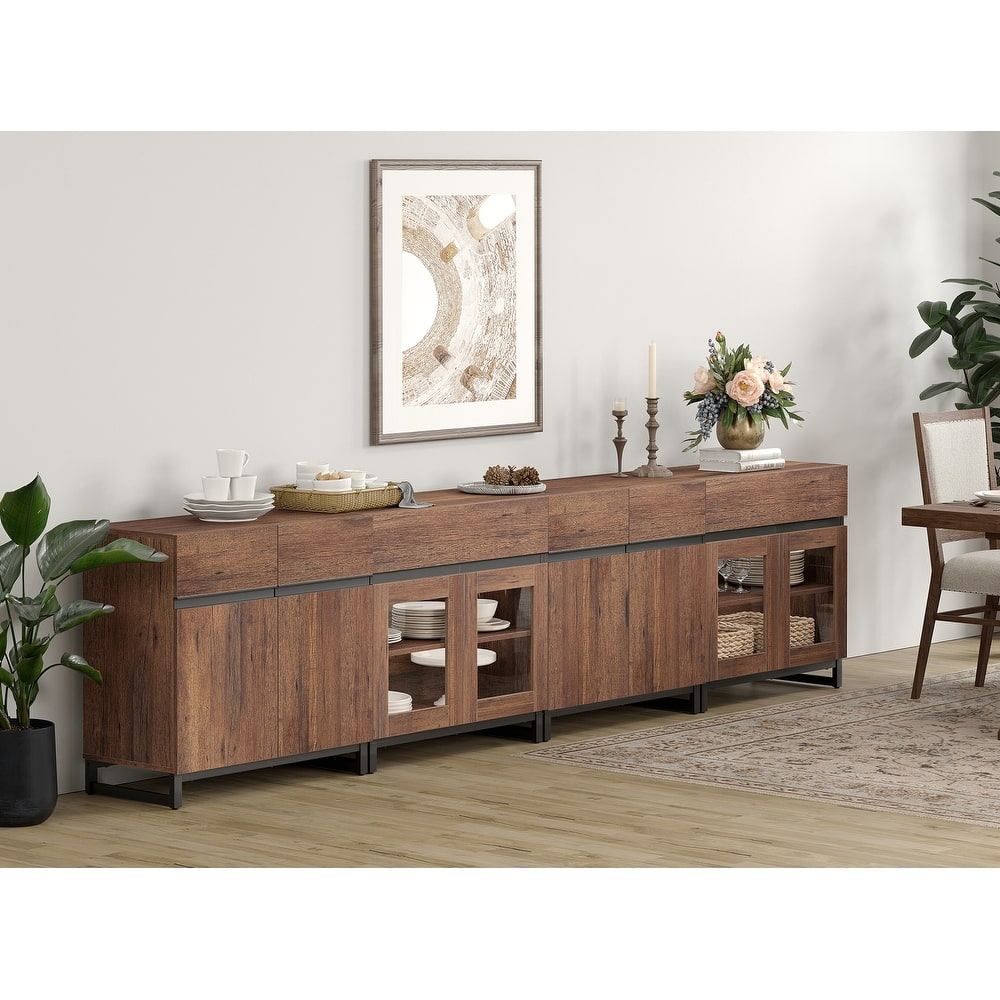4-in-1 Modern Sideboard Buffet with Glass Doors, 2 Drawers & Metal Base, Adjustable Shelf for Kitchen Coffee Bar Storage