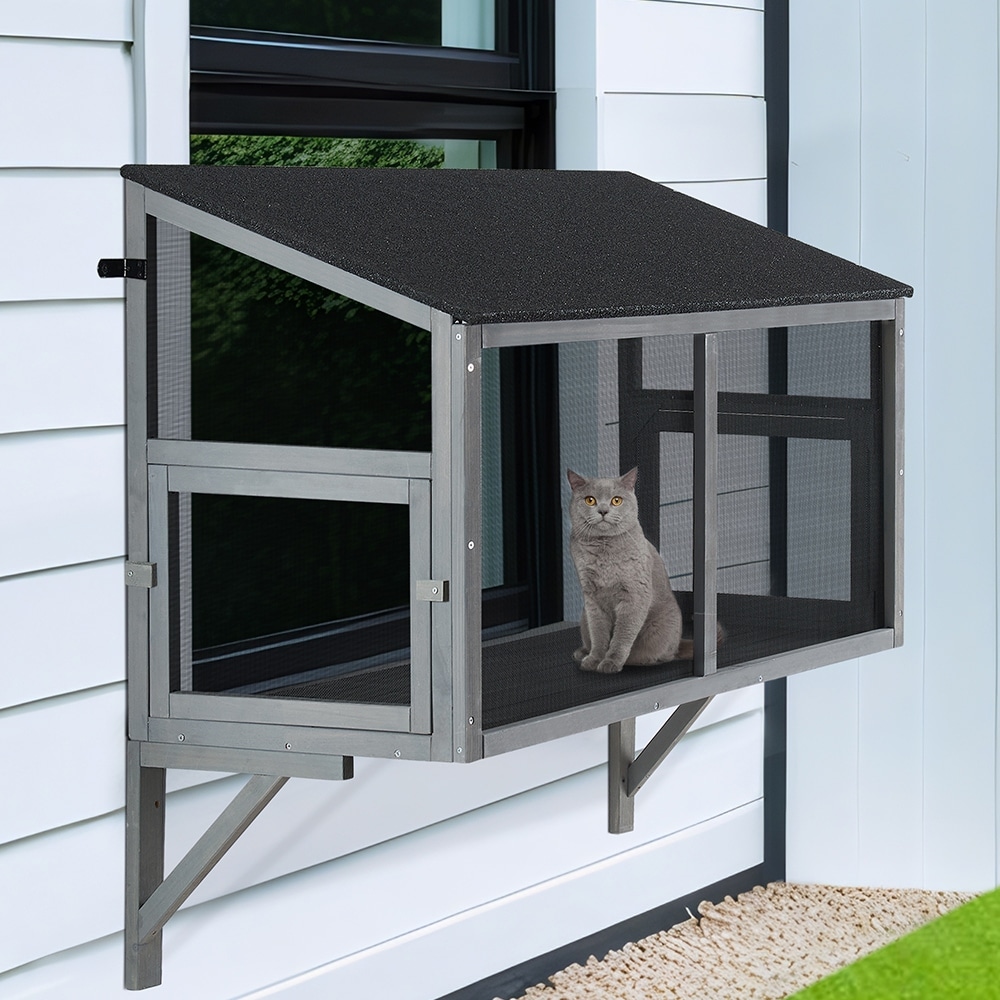 Wooden Cat Window Catio with Bug-Proof Fine Mesh and Weather-Resistant Roof