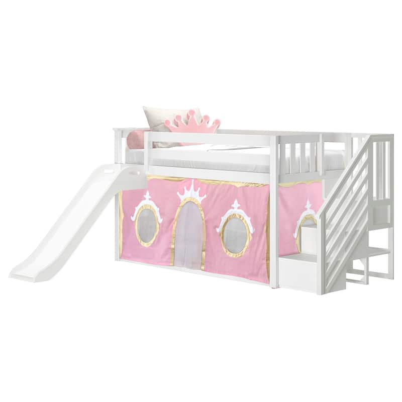 Max and Lily Classic Low Bunk with Stairs, Easy Slide and Curtain