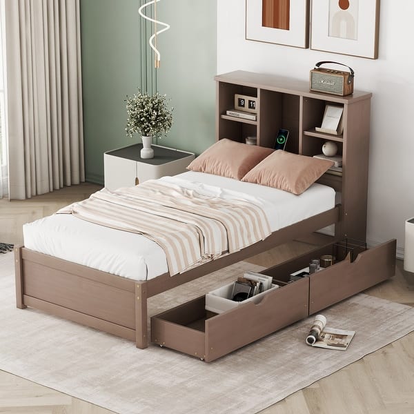 slide 2 of 25, Modern Twin Platform Bed with USB Port Walnut