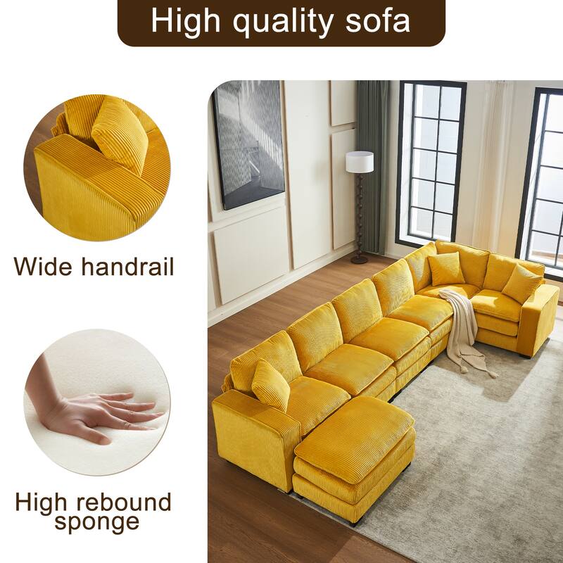 Modern U Shaped 6-seat Sectional Corduroy Sofa Couch with one Ottoman and three toss pillows ,Modular Sofa for Living Room