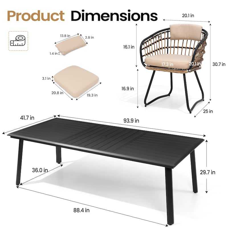 VredHom 9-PC Outdoor Patio Rectangular Aluminum Dining Sets Table with Rattan Chairs Umbrella Hole