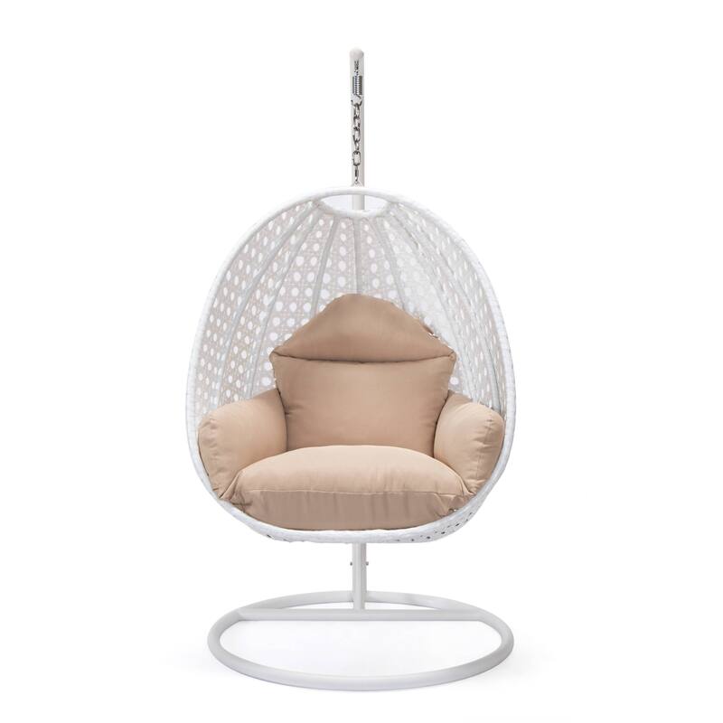 Patio Hanging Egg Swing Chair with White Wicker Shell and Iron Frame for Indoor Outdoor Patio Porch Garden Backyard