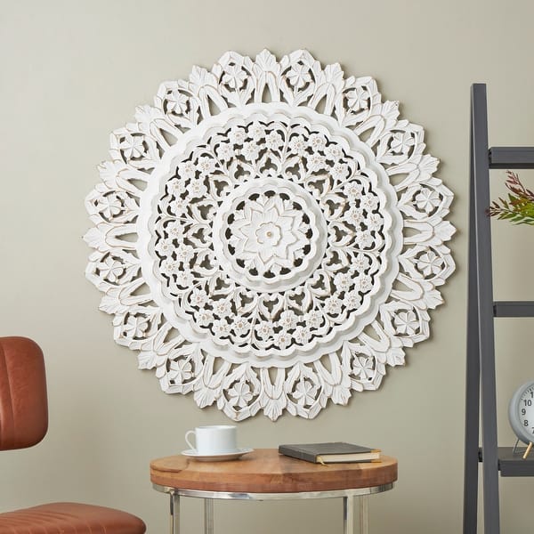 White Wood Handmade Intricately Carved Mandala Floral Home Wall Decor ...