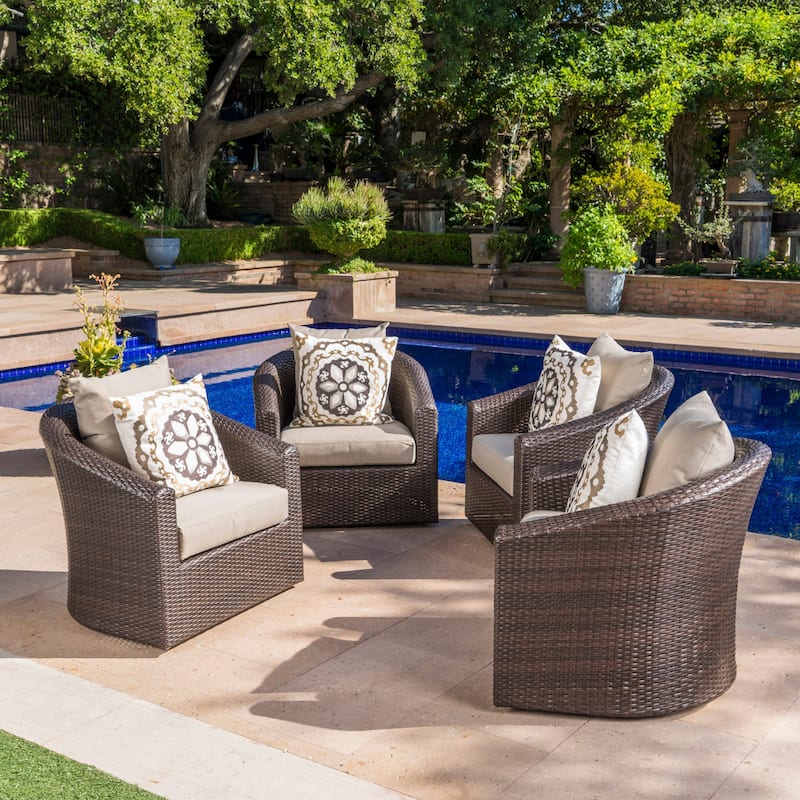 Darius Outdoor Aluminum Framed Wicker Swivel Club Chair (Set of 4) by Christopher Knight Home - mix brown + mix khaki
