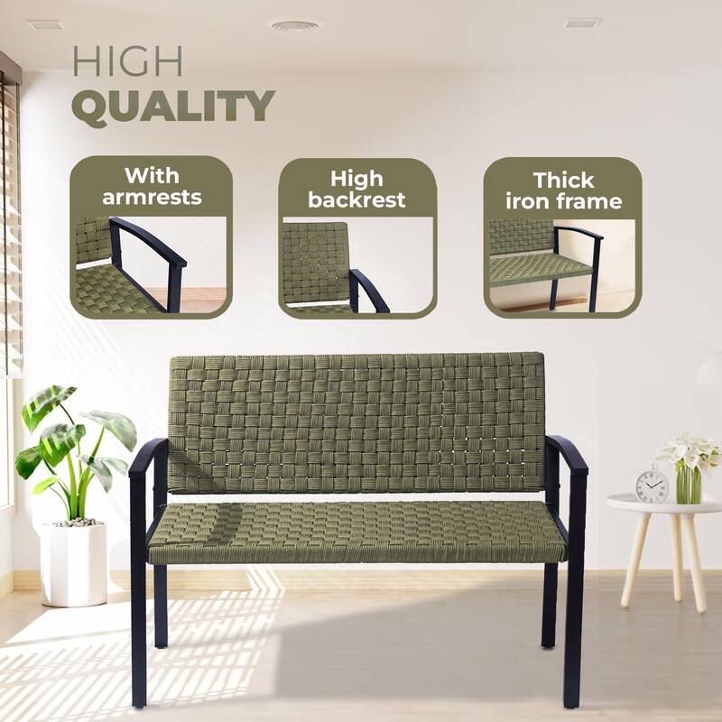 Chelsea Outdoor Rope, Bench Metal Frame & Armrest Patio Bench - Green