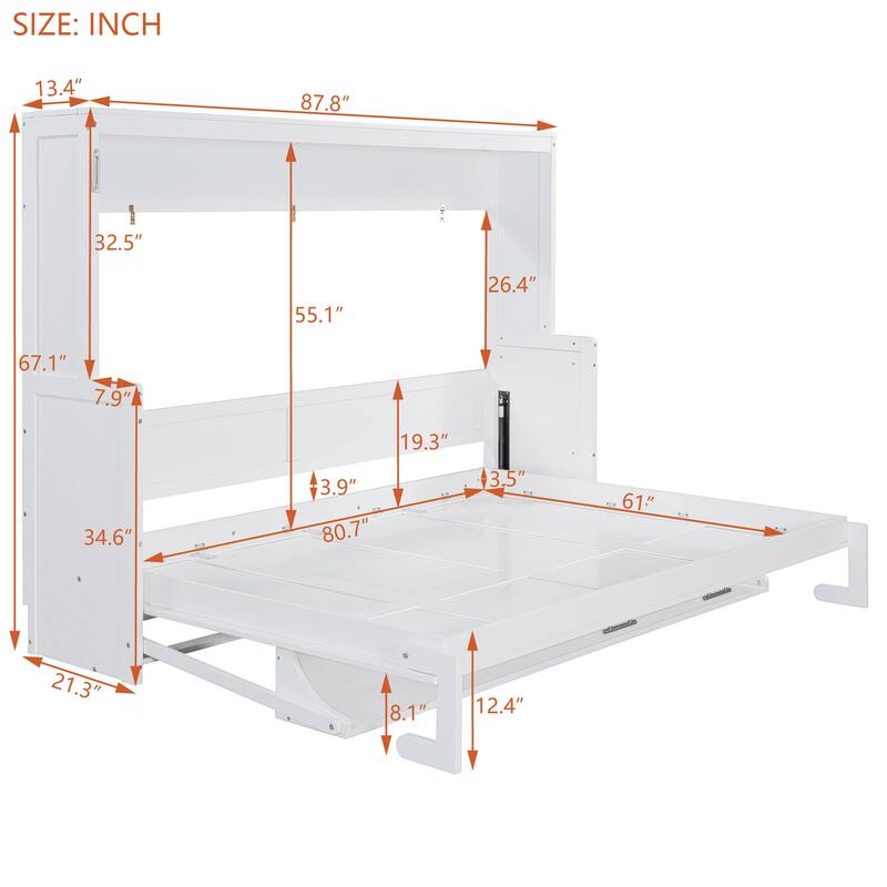 Space-Saving Queen Size Murphy Bed with Hydraulic Lift and Desk, White