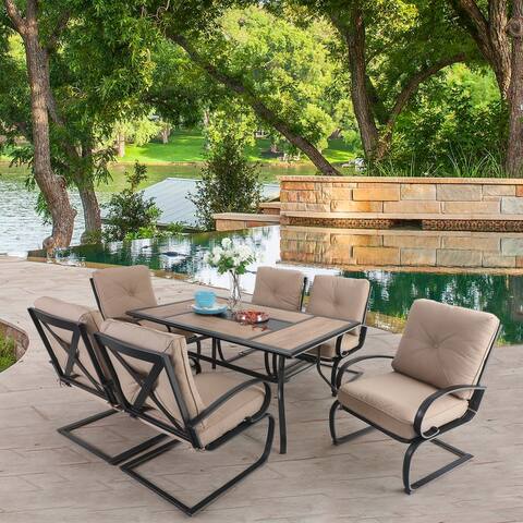 7-Piece Patio Dining Set 6 Piece Cushioned Spring Motion Dining Chair with Armrest & 1 Patio Dining Table