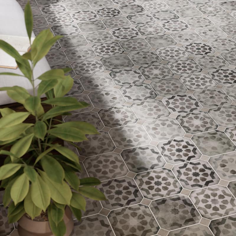 Merola Tile Laverton Octagon Deco Sombra with Grafito 7-7/8" x 7-7/8" Porcelain Floor and Wall Tile