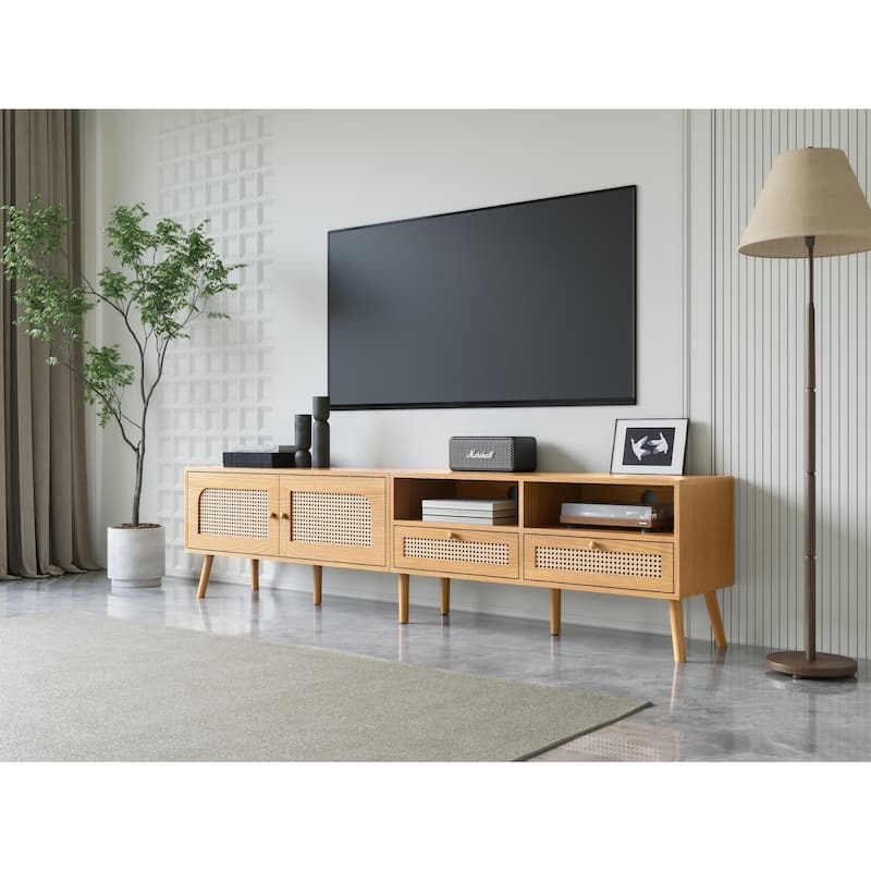 Roomfitters Boho TV Stand for 85" TVs, Farmhouse Media Console with Wood Legs, Entertainment Cabinet for Living Room, Natural
