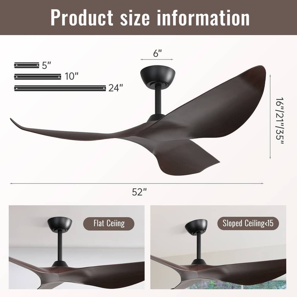 38" and 52" Modern Ceiling Fan without Lights, Remote Control and Reversible Motor for Bedroom