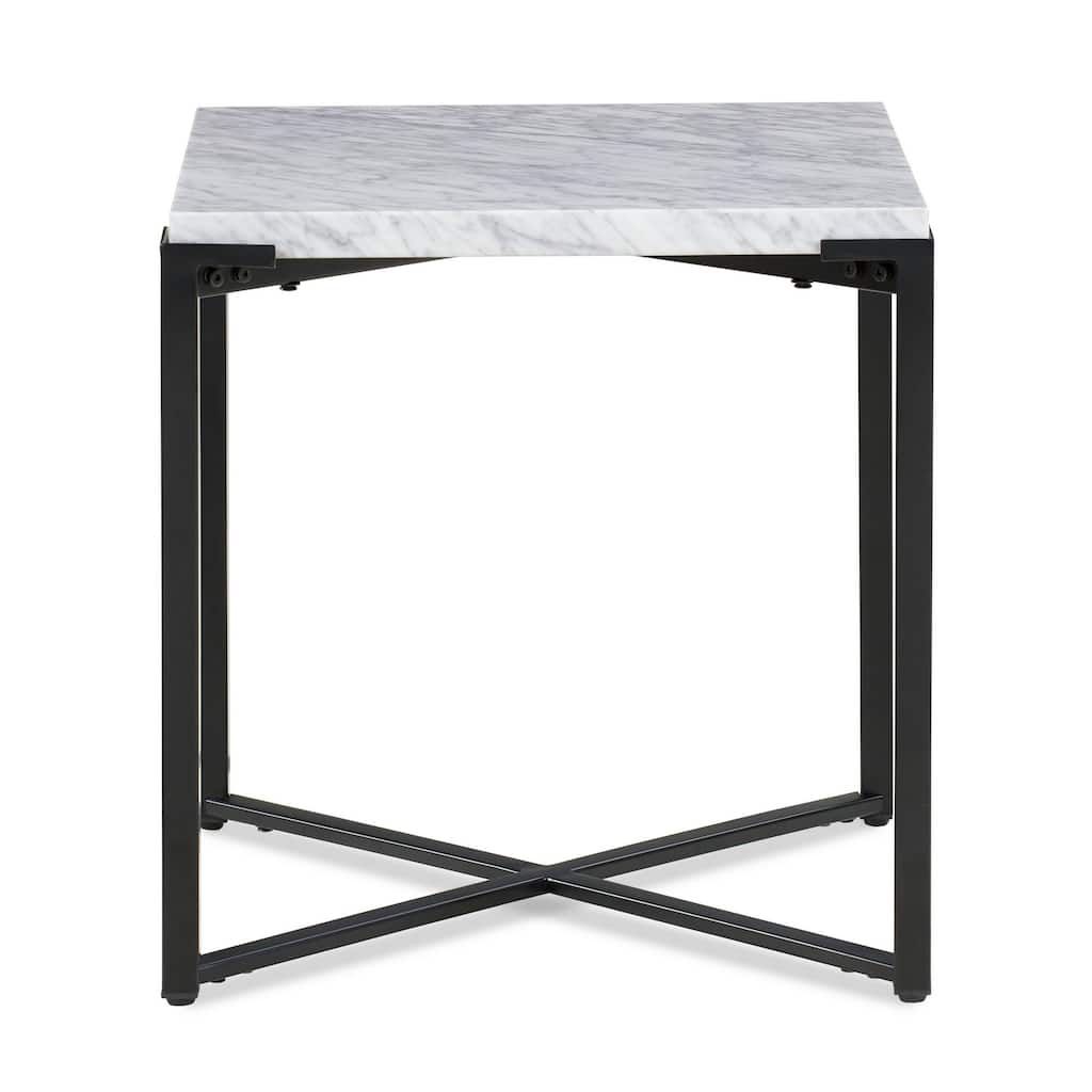 20 Inch Modern Side End Table, Carrara Marble Top, Steel Frame, Smooth Gray