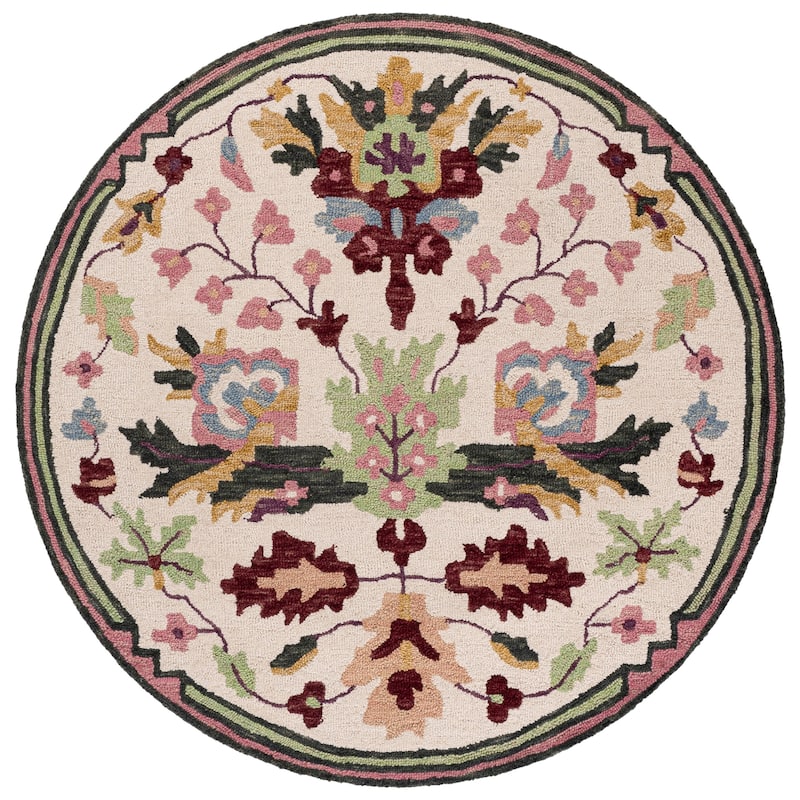 SAFAVIEH Handmade Jardin Mesure Floral Wool Rug - 6' Round - Ivory/Pink