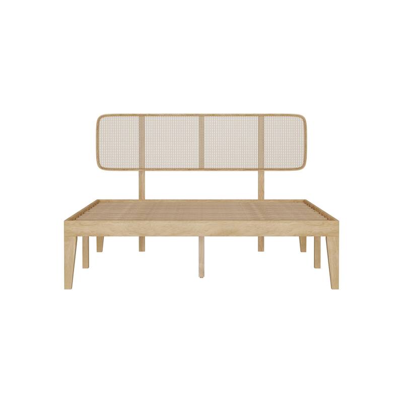 Solid Wood Platform Bed Frame with Rattan Headboard, 600 lbs Heavy Duty Support, Plywood Slats Queen / Full Size