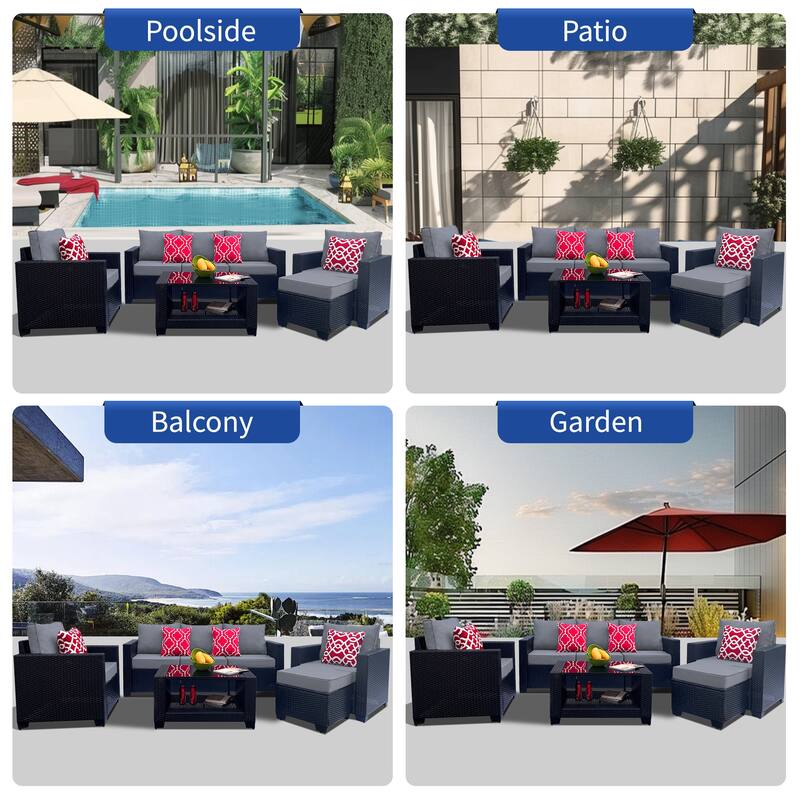 7 Piece Patio Furniture Set, Outdoor PE Rattan Wicker Sectional Sofa Set with 2 Sofa Chairs and Tempered Glass Table