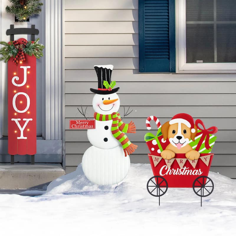 Glitzhome Metal Snowman Yard Stakes Christmas Dog and Gift Cart Wall Decor