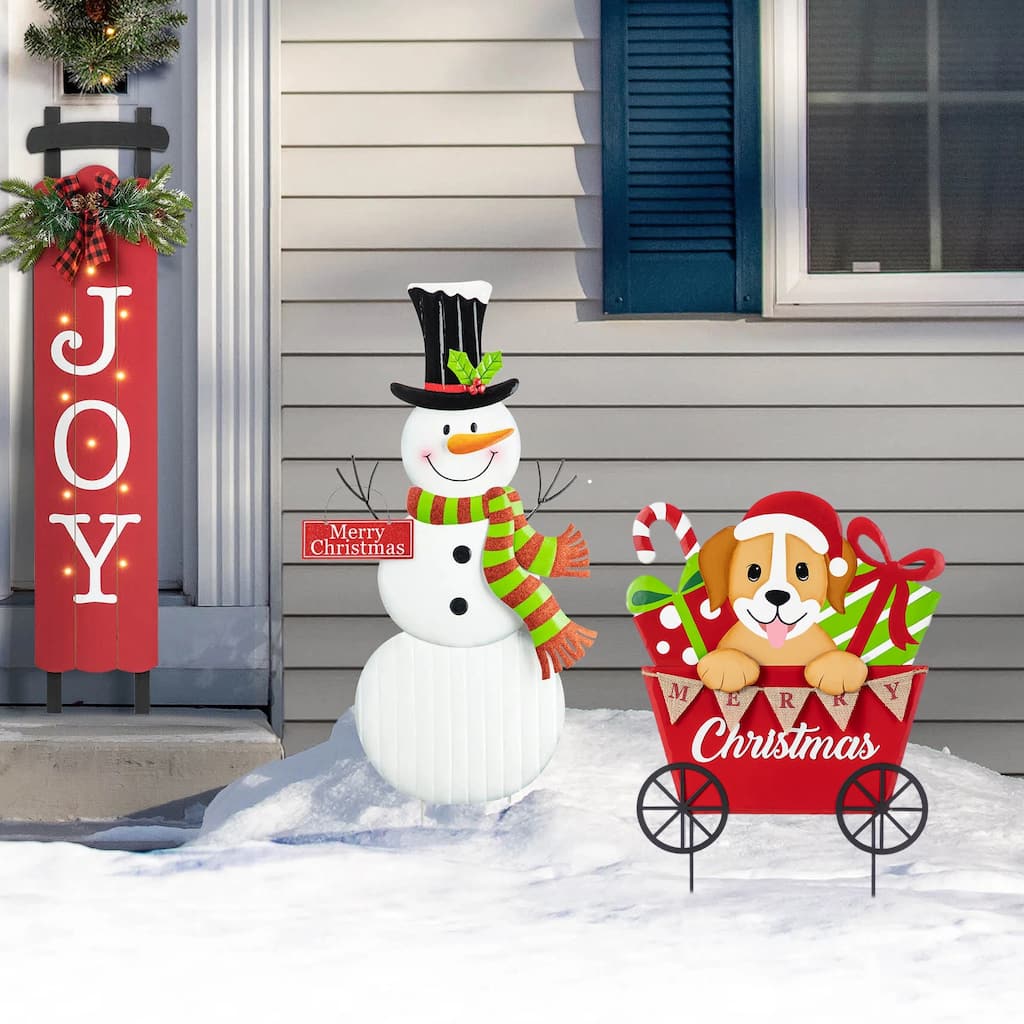 Glitzhome Metal Snowman Yard Stakes Christmas Dog and Gift Cart Wall Decor
