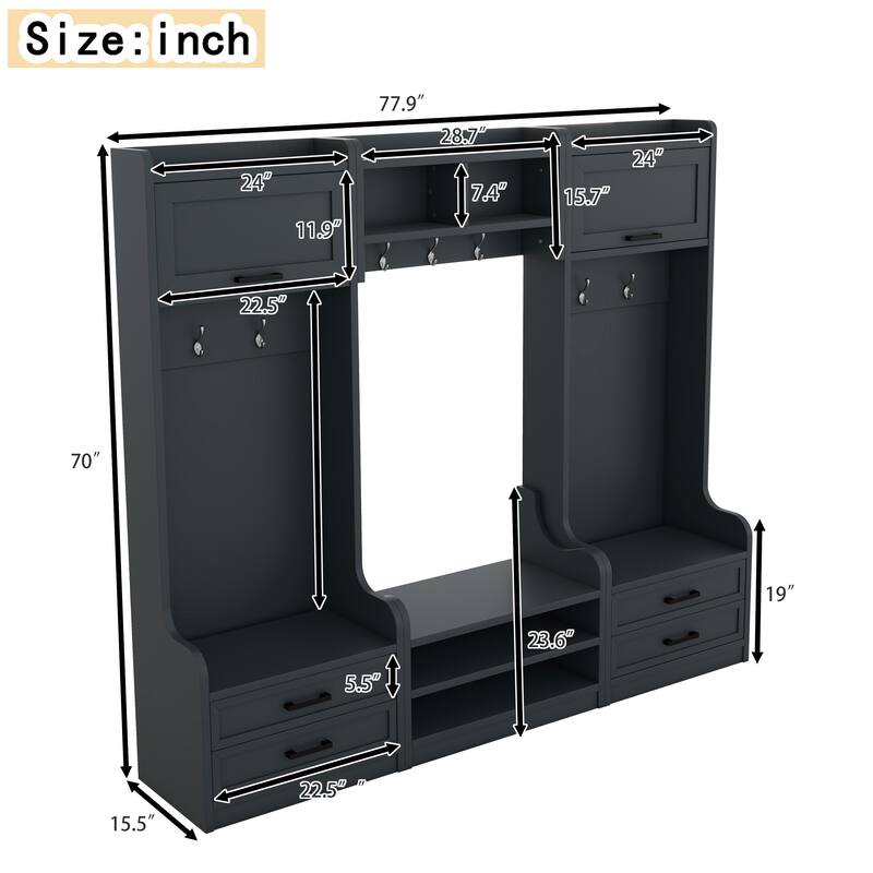 Detachable 4-in-1 Hall Tree with Bench, 7 Hooks, Drawers & Cabinets, Modular Entryway Coat Rack and Shoe Storage, 78" Wide