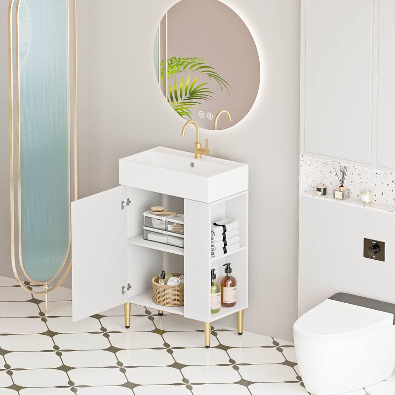 21.6" Open-Shelving Bathroom Vanity with Ceramic Sink and Cabinet