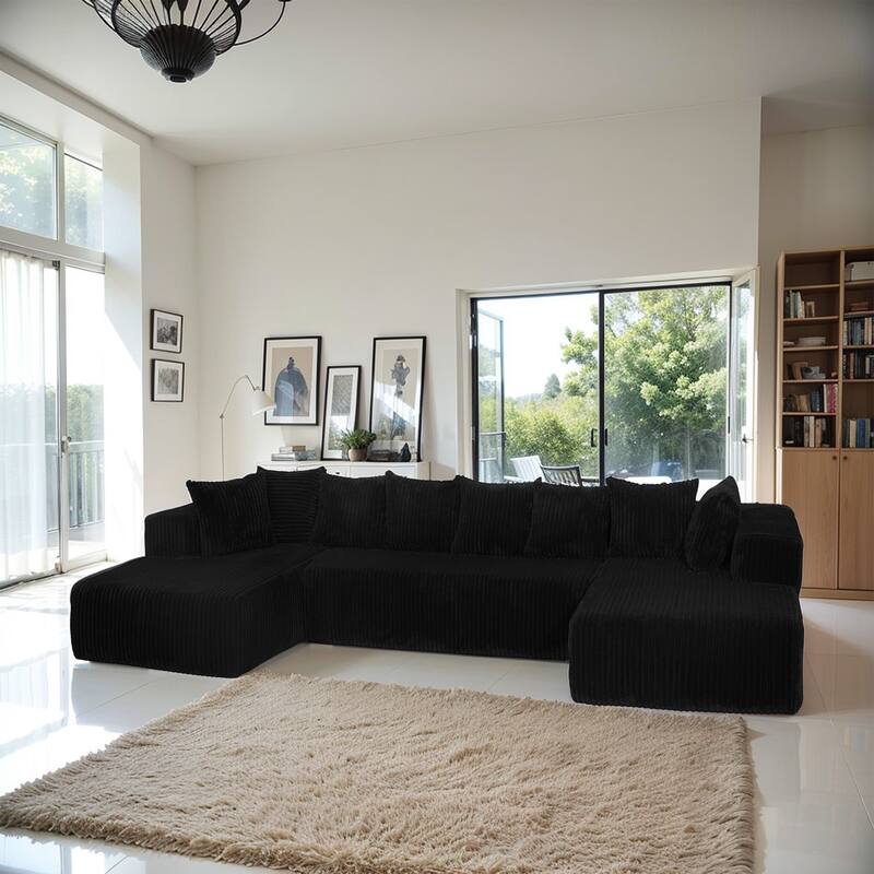 130.31" Striped Corduroy U-Shaped Sectional Sofa with Reversible Chaise - Black