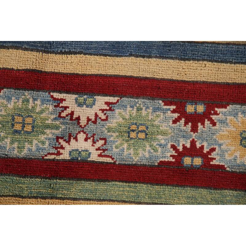 Striped Kazak Geometric Area Rug Wool Carpet - 9'10" x 12'9"