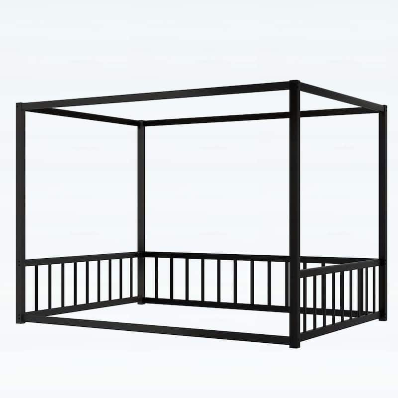 Floor House Bed with Fence-Style Guardrails,Modern Low-Profile Design