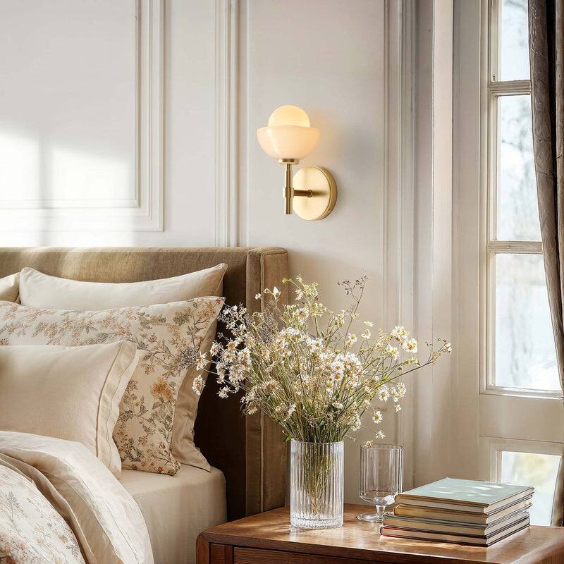 Ariel Armed Sconce - Metal, Glass & Gold, Ivory White 1-Light Wall Sconce for Bathroom or Hallway in Modern, Contemporary Style