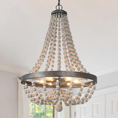 Modern Farmhouse 6-Light Wood Chandelier Boho Empire Pendant Light - D20.1"xH88.3"