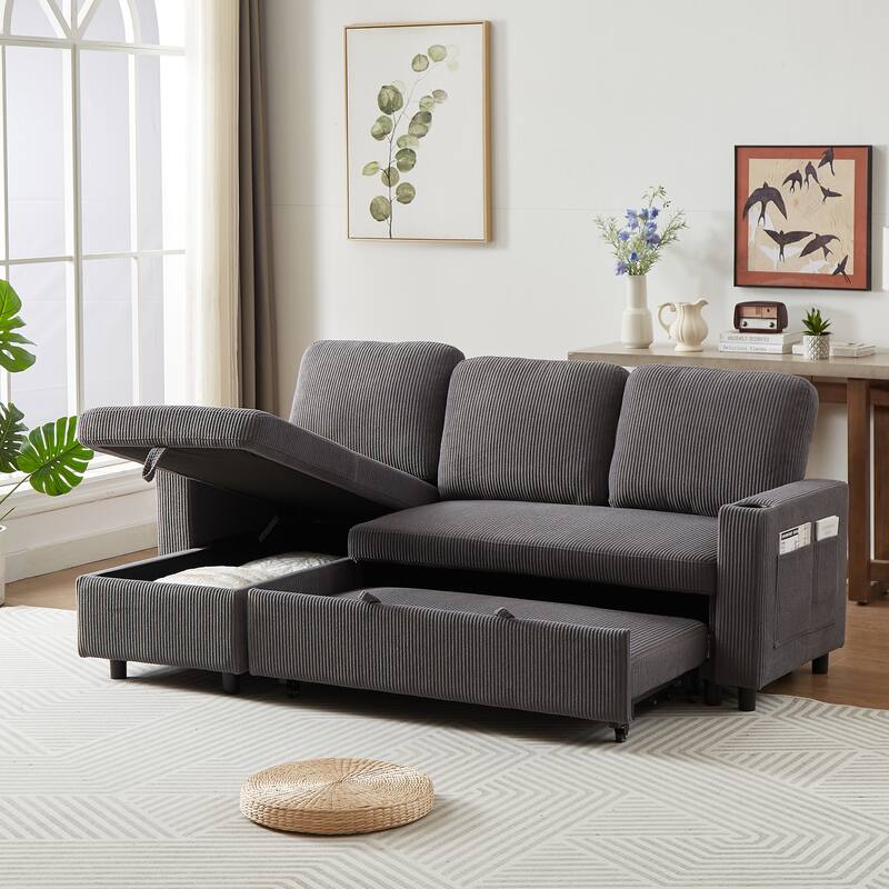 Modern Corduroy Reversible Sleeper Sofa Bed with Pullout Bed, L-Shaped Combo Sofa for Tight Spaces, Living Room, and Office