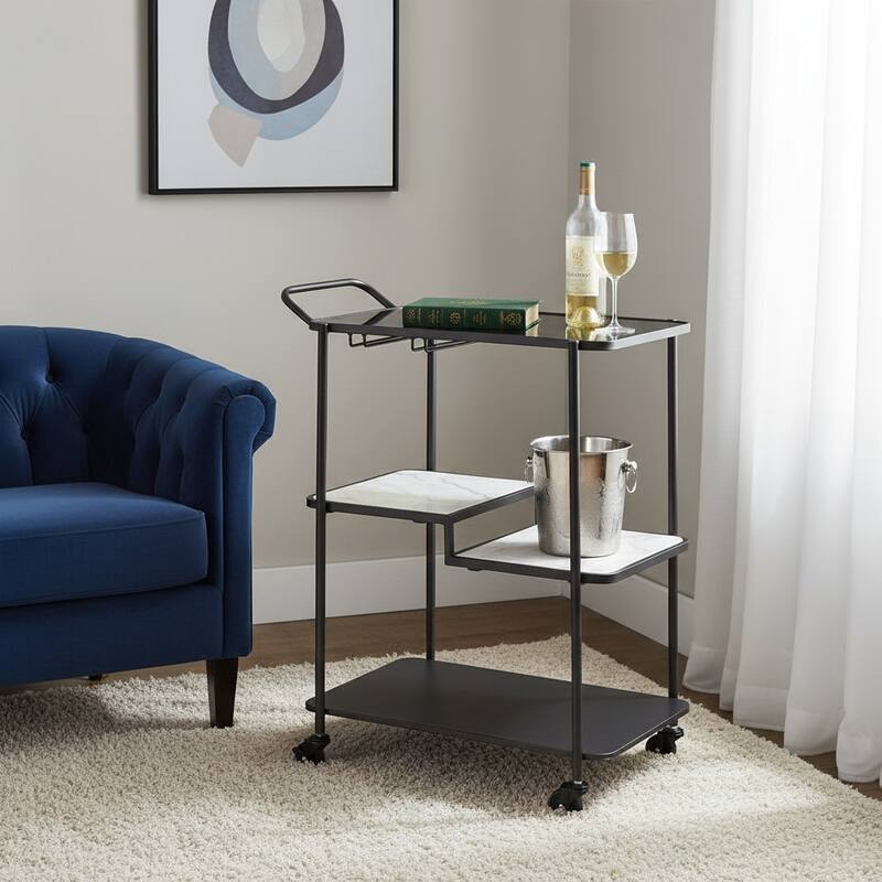HomeRoots 25" Black Steel and Faux Marble Glass Rolling Bar Cart - 25.00 in. x 32.30 in. x 16.00 in. - Black - Steel