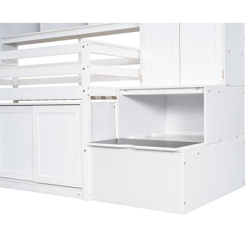 Wooden Loft Bed with Integrated Wardrobe, Under-bed Desk, Drawers, with Shelves