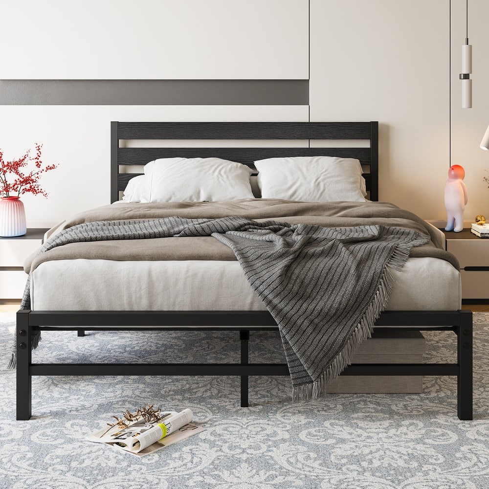 Modern Platform Bed Frame with Rustic Vintage Wood Headboard,No Box Spring Needed