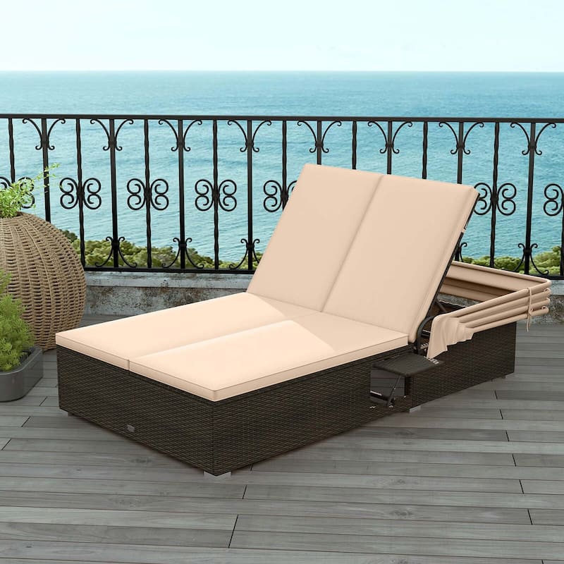 Costway 2-person Rattan Lounge Bed with Retractable Canopy 5-position - See Details - Beige+Mix Brown