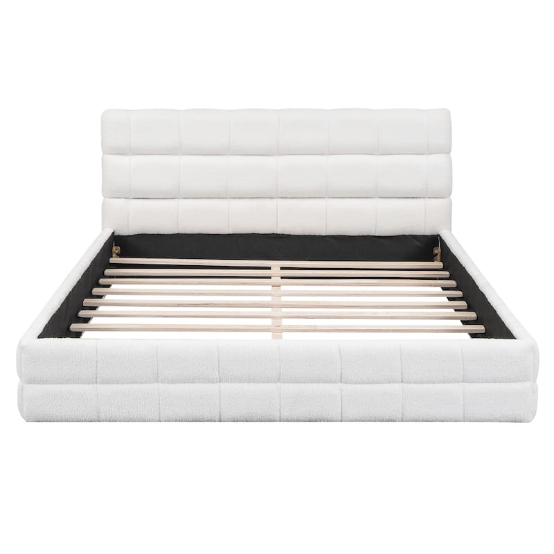 Lounge Platform Bed Queen Size Grounded Bed Upholstered Bed, Headboard and Rail with Stitching Details, Wood Slat Support
