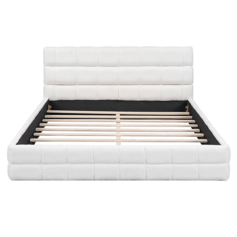 Tufted Upholstered Platform Bed, Queen Size Berber Fleece Grounding Bed, Queen Platform Bed Frame with Wood Slat Support