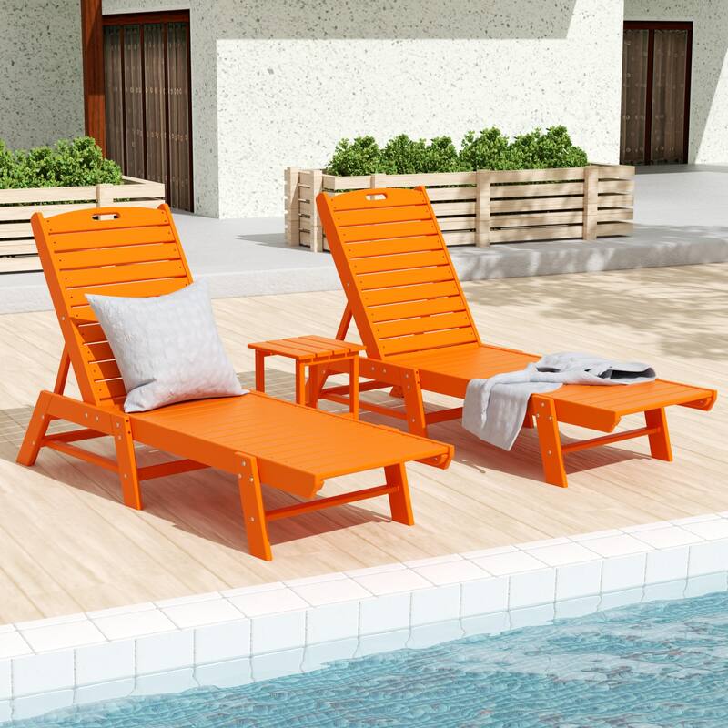 Laguna Hdpe All Weather Outdoor Patio Pool Reclining Armless Chaise Lounges With Square Side Table (3-Piece Set) - Orange
