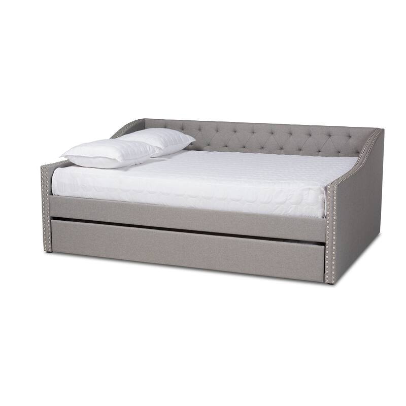 Full Size Daybed with Trundle, Light Grey Upholstered Bed Frame, Button Tufted Design