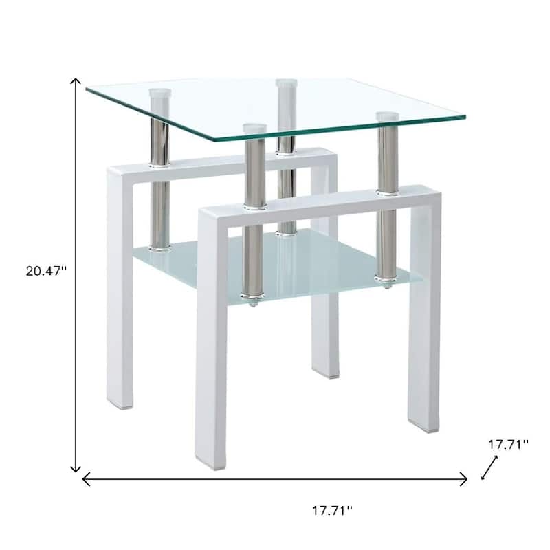 HomeRoots Set of Two Clear and White Glass and Metal Square End Tables With Shelf - 17.71 in. x 20.47 in. x 17.71 in.