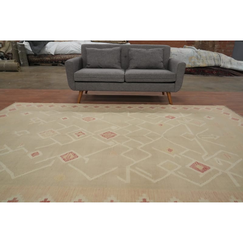 Hand Woven Oriental 100% Wool Carpet Southwestern Tribal Beige & Ivories Kilim Area Rug - 10' 0'' X 7' 2''